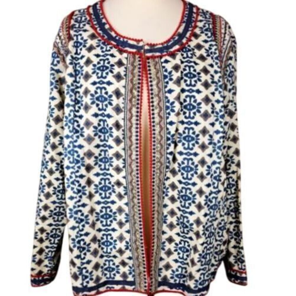 Sheryl Crow Cotton Geometric Print Open Front Cardigan with Blue Beaded Red Trim
